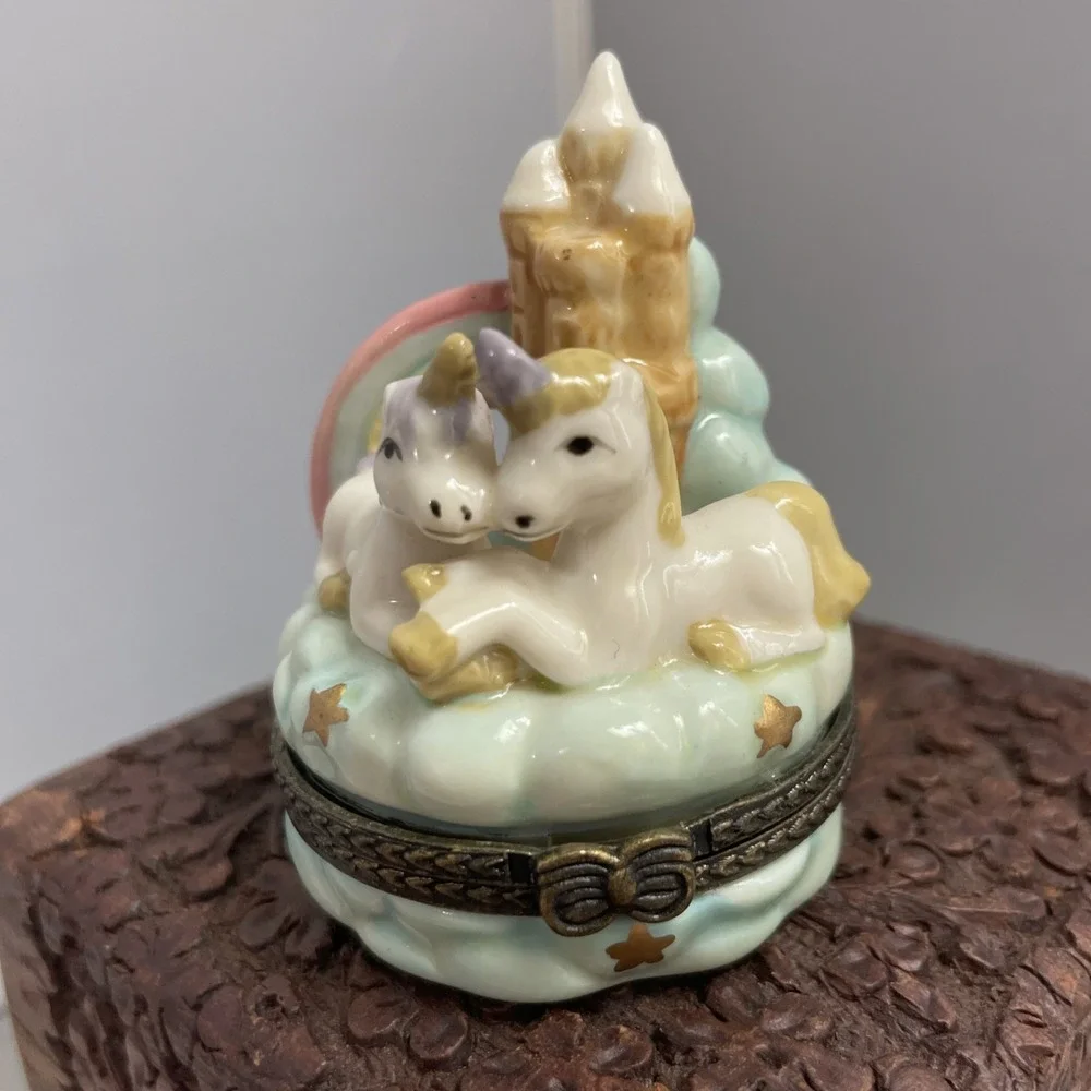 Unicorn Trinket Pill Box Hinged Castle Rainbow Cloud Star Adorable!
